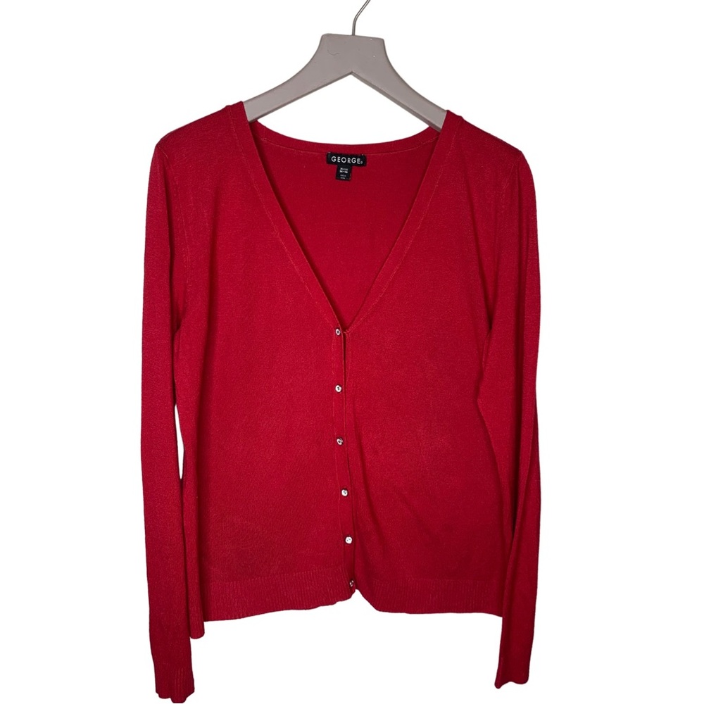 Woman’s red, long sleeve, V-neck, ⭕️ diamonds button down cardigan sweater.